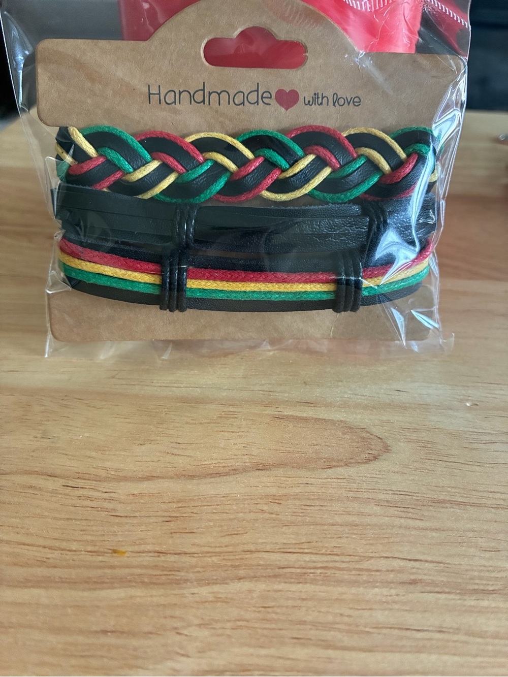 Handmade Men's Black leather Bracelet Set with Red, Green & Yellow Accents